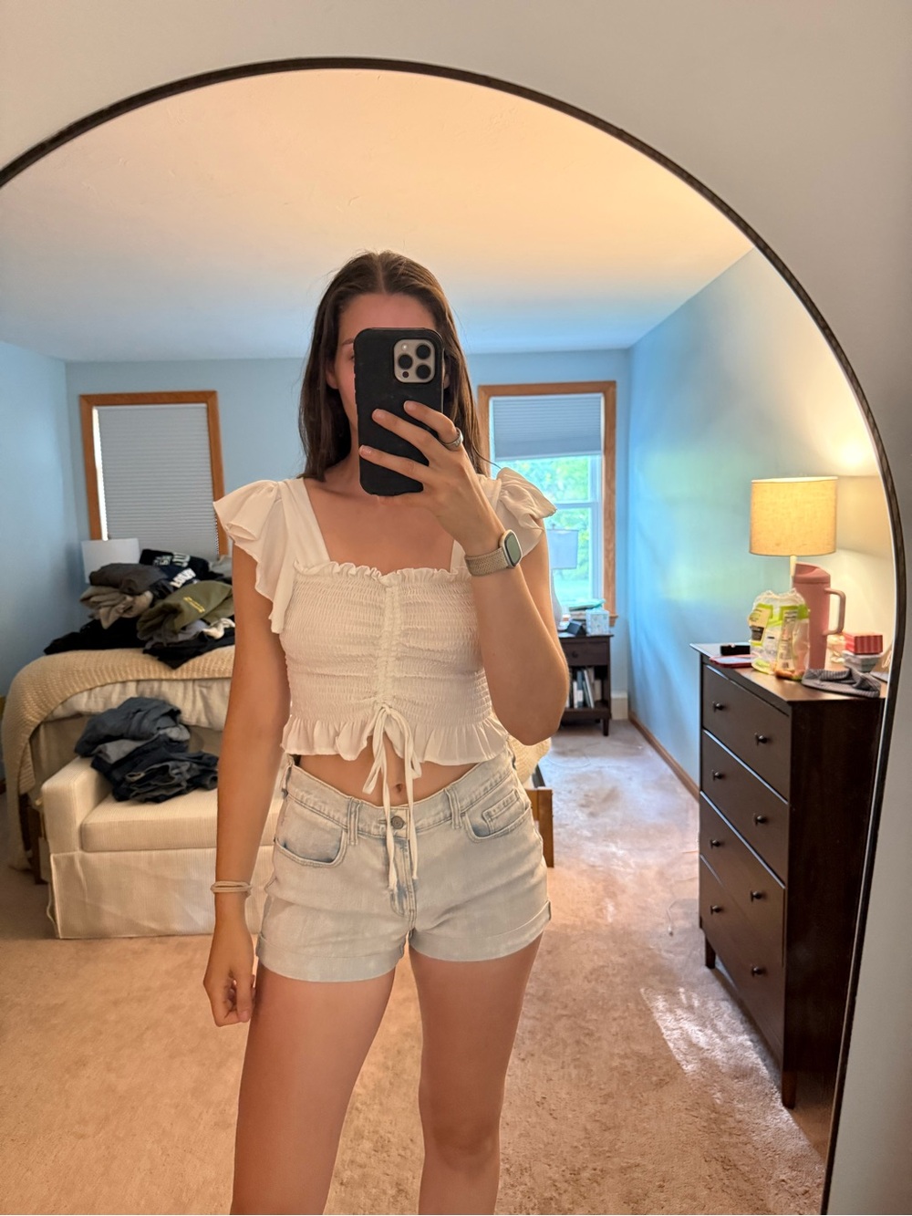 She and Sky White Smocked Ruffle Tie-Front Crop Top